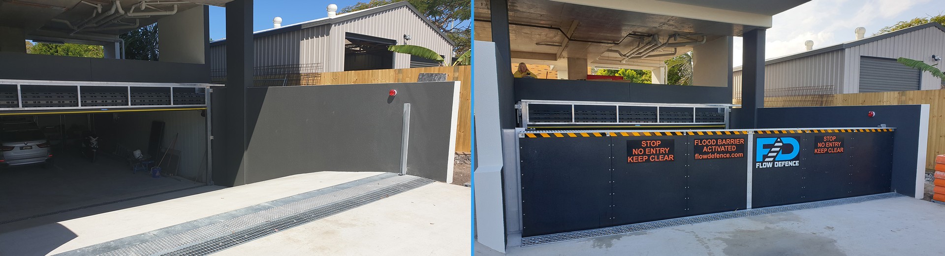 Flow Defence self-activating flood barrier shown in normal access and flood protection positions at a basement car park entrance