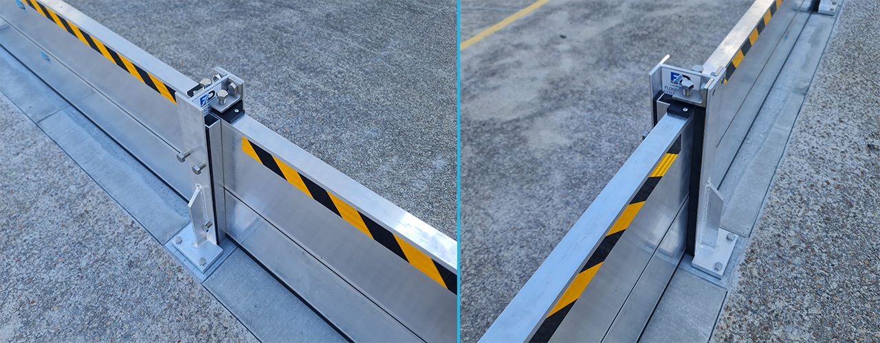 Aluminium demountable flood barrier panels with removable posts and sealing components for driveway flood protection