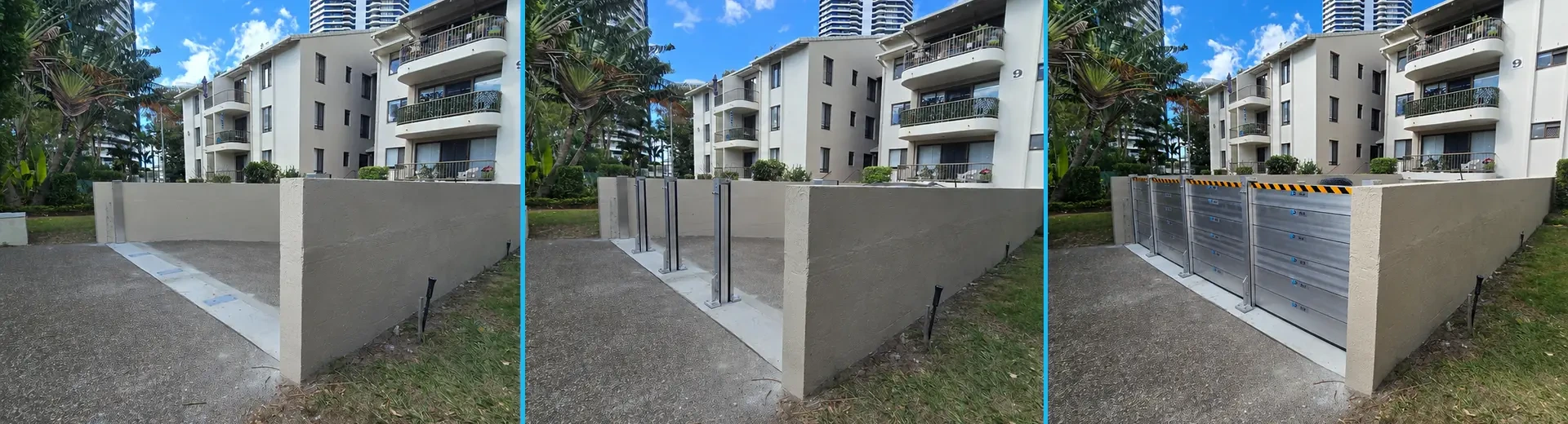 Demountable flood barrier installation stages showing a removable aluminium flood gate system across a residential driveway