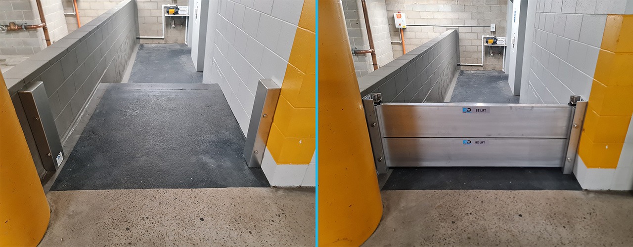 Removable aluminium flood barrier installed across a lift access opening or small service doorway
