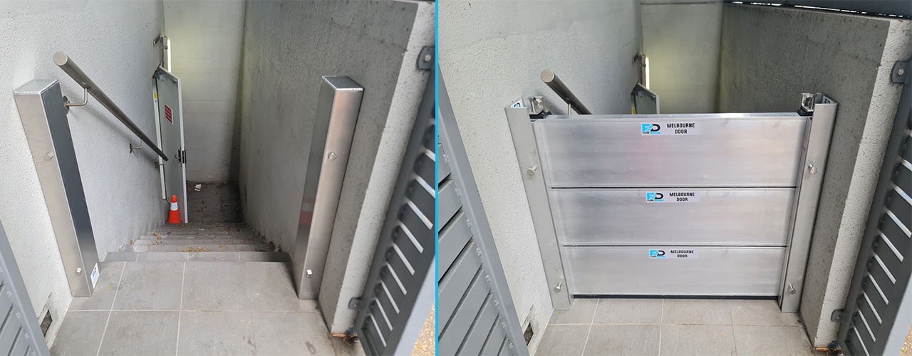 Demountable flood barrier installed across a basement stair access opening for removable flood protection