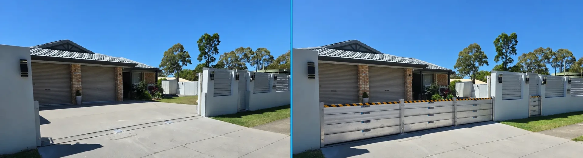 Residential demountable flood barrier shown open for normal driveway access and deployed for flood protection